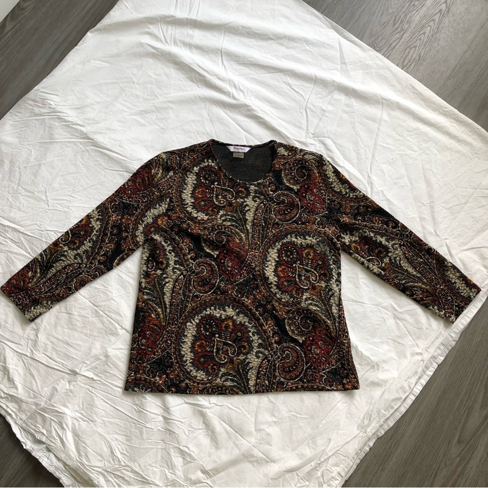 TANJAY Petite 3/4 Sleeve Pattern Top Size Small